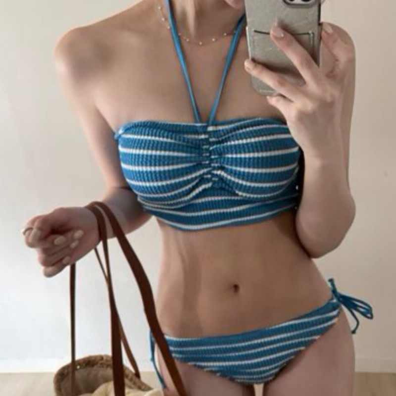 Swimsuit Women's High-class Split Spa Bikini Swimsuit Small Chest Sexy South Korea Ins Striped Black Swimsuit