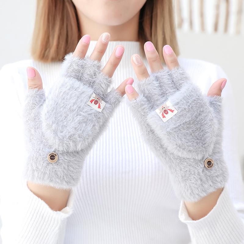 Picture of Winter students outdoor cartoon thick warm knitted cycling flip half finger plush gloves cute women Wholesale