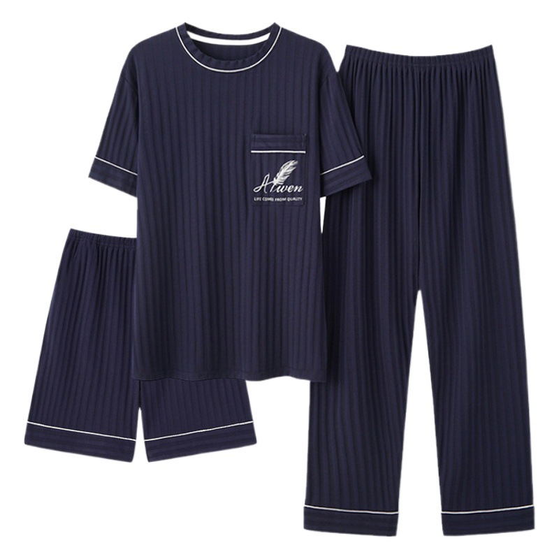 Men's Three-Piece Pajamas New Spring and Summer Cotton Round Neck Short-Sleeved Trousers Loose plus size Home Clothes suit