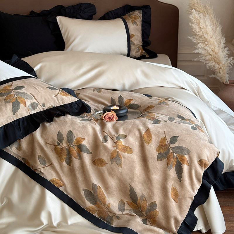 Light Luxury Retro Style Long-staple Cotton Cotton Four-piece American Style Digital Printed Ruffled Cotton Quilt Cover Bedding