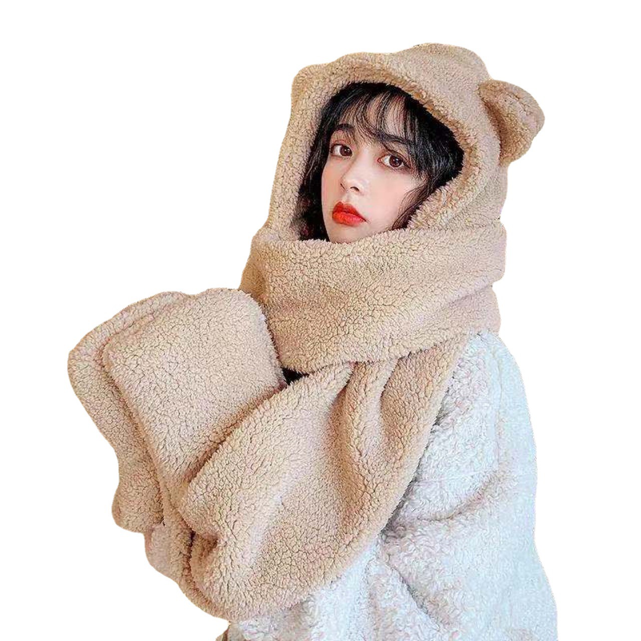 Picture of Winter Warm and Thickeneded Cotton Plush Rabbit Ears Animal Hat Gloves Scarf Bear Three-Piece Hat Factory Ear Protection