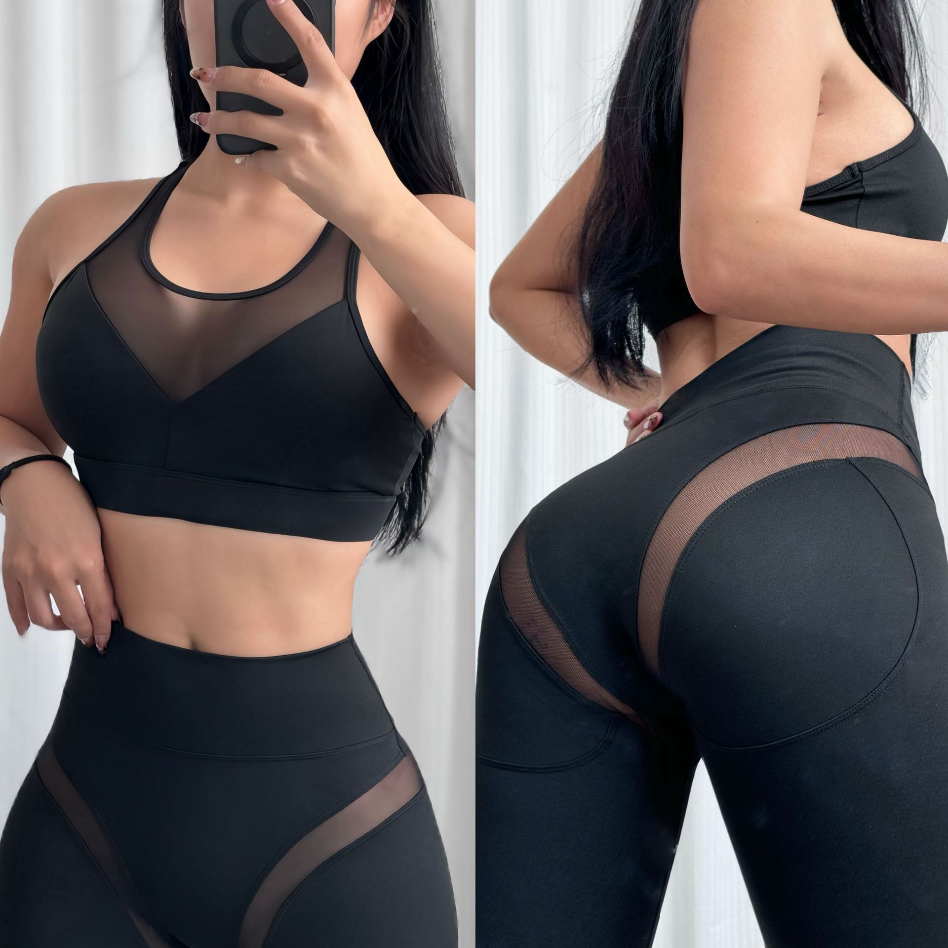 suit! European and American Cross-border Mesh Stitching Bra Women's Fitness Yoga Fishing Net High Waist Tight Pants Naked Feeling Non-embarrassed Line