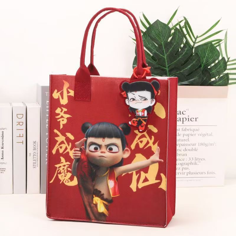 Nezha Felt Birthday Tote Bag Cartoon Hundred-Day Print Student Shopping Bag Handbag Gift