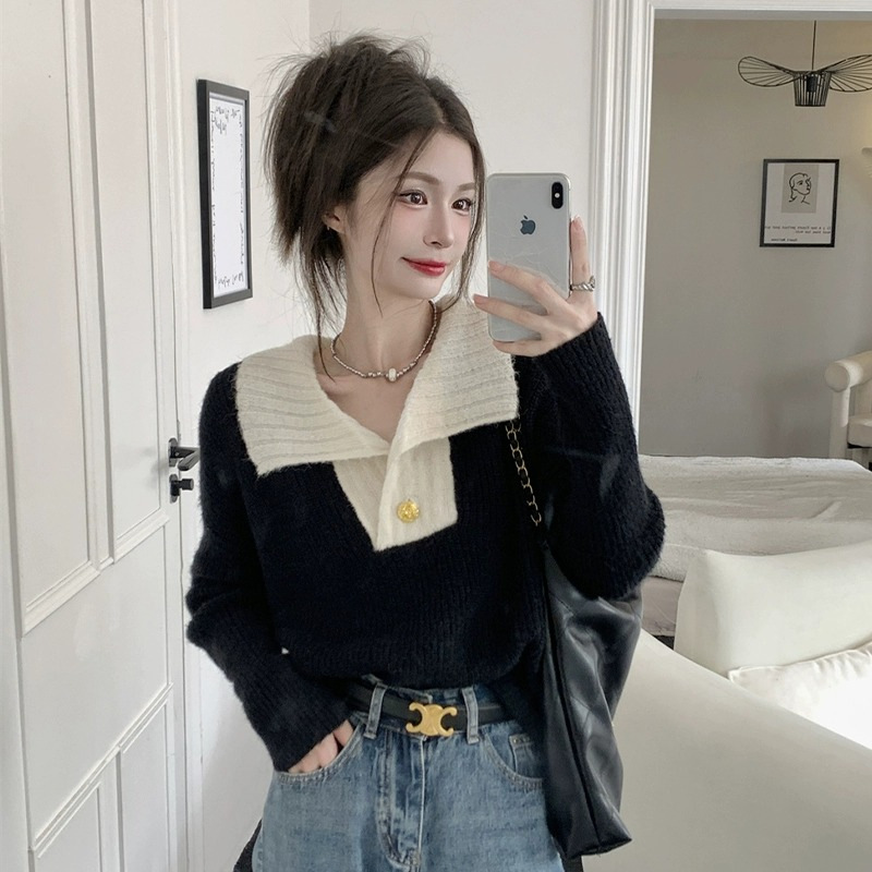 New autumn and winter knitwear niche French style loose top lapel contrast color lazy style all-match sweater women's clothing