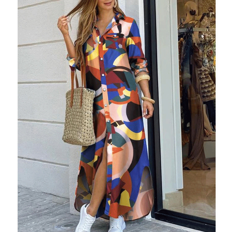 Picture of Cross-Border Women's Clothing Amazon 2025 European and American Spring and Summer New Printed Long-Sleeved Dress Fashionable Sexy Shirt Long Skirt