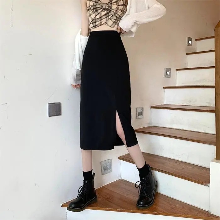 Women's skirt summer and autumn new high waist plus size fat m split mid-length A- line skirt black sheath short skirt fashion