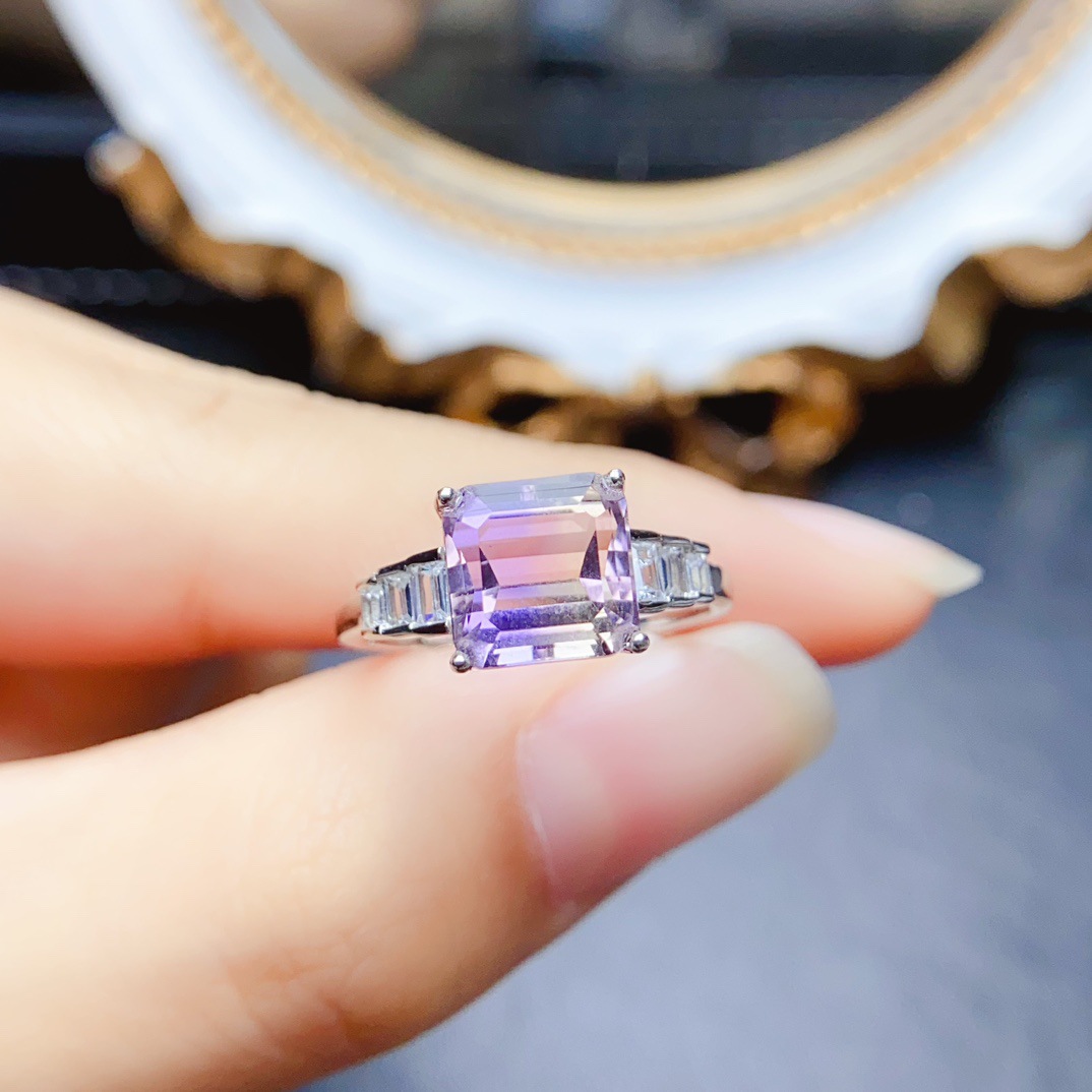 New natural amethyst ring S925 silver inlaid main stone 8*8mm Joker net red explosions women's jewelry wholesale