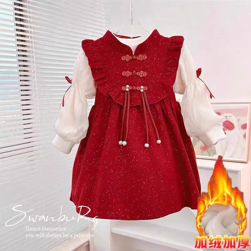 Picture of Female. Children's fleece-lined buckle dress 2024 autumn and winter new 1 childhood dress skirt female baby Korean princess skirt