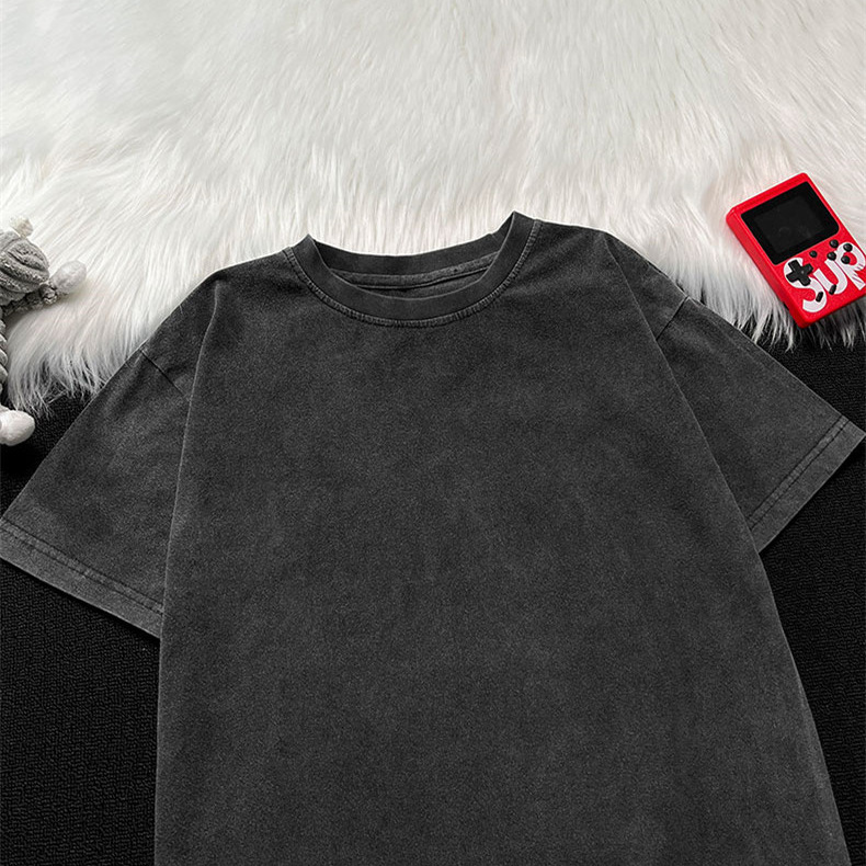 Boys and Girls Summer Casual Pure Color Versatile Distressed Cotton Short-Sleeved T-Shirt Simple Pullover Round Neck Washed Black Top