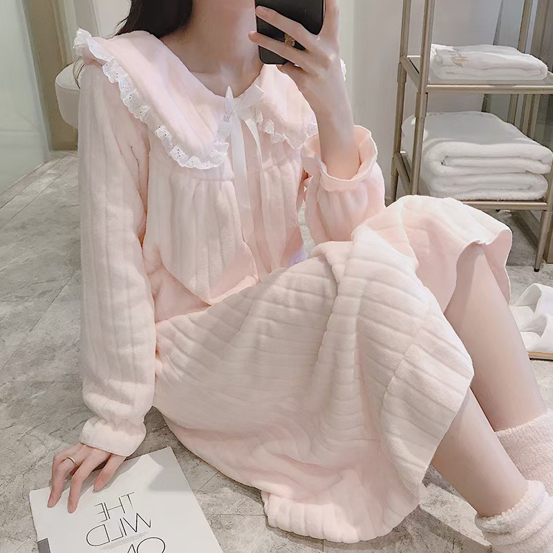 Women's Winter Coral Fleece fleece-lined Thickened Flannel Long Sleeve plus size Winter Princess Style Pajamas Women's Autumn and Winter
