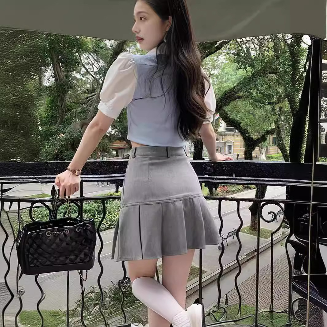 2024 summer new high waist A- line pleated skirt women's slim all-match suit gray hip skirt