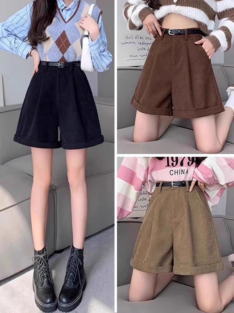 Maillard brown Corduroy Wide-leg Shorts Women's Autumn and Winter 2024 New High Waist Slimming A- shaped Outer Wearing Boots Pants