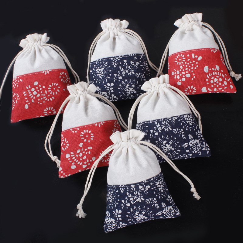 Spliced ​​Blue and White Small Cloth Bag Drawstring Bag Linen Storage Bag Manufacturer Wholesale Custom Printed Logo 10*14