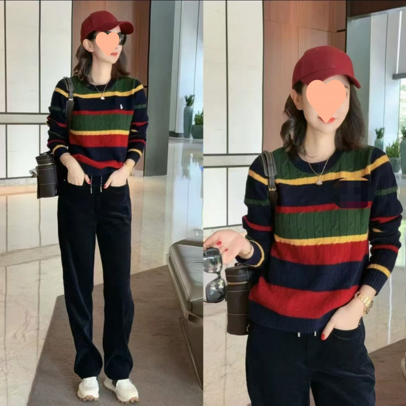 European Heavy Rainbow-Colored Stripesd Contrasting Knitwear 2024 Autum New Style Simple Style Foreign Style Age-Reducing Top for Women