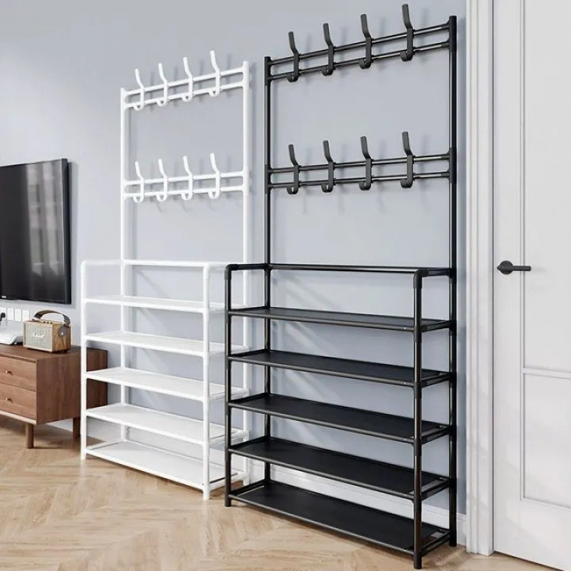 Door-to-ceiling integrated hanging clothes, shoes and hat racks, coat racks, integrated multi-layer shoe racks, household shoe cabinets, simple rental houses