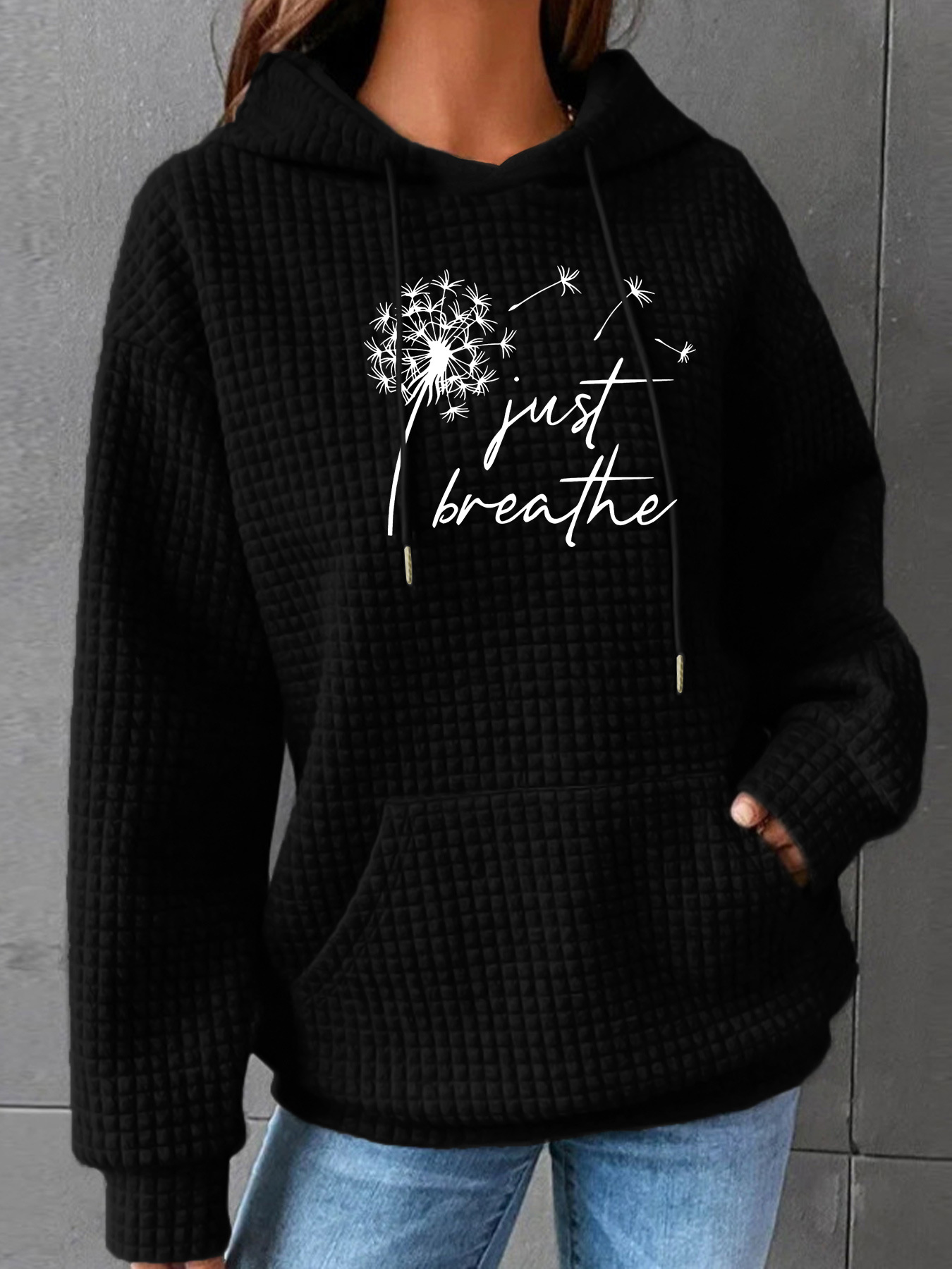 Autumn and Winter Women's New Waffle Kangaroo Pocket Hooded Long-sleeved Dandelion Printed Sweatshirt European and American Cross-border European Code