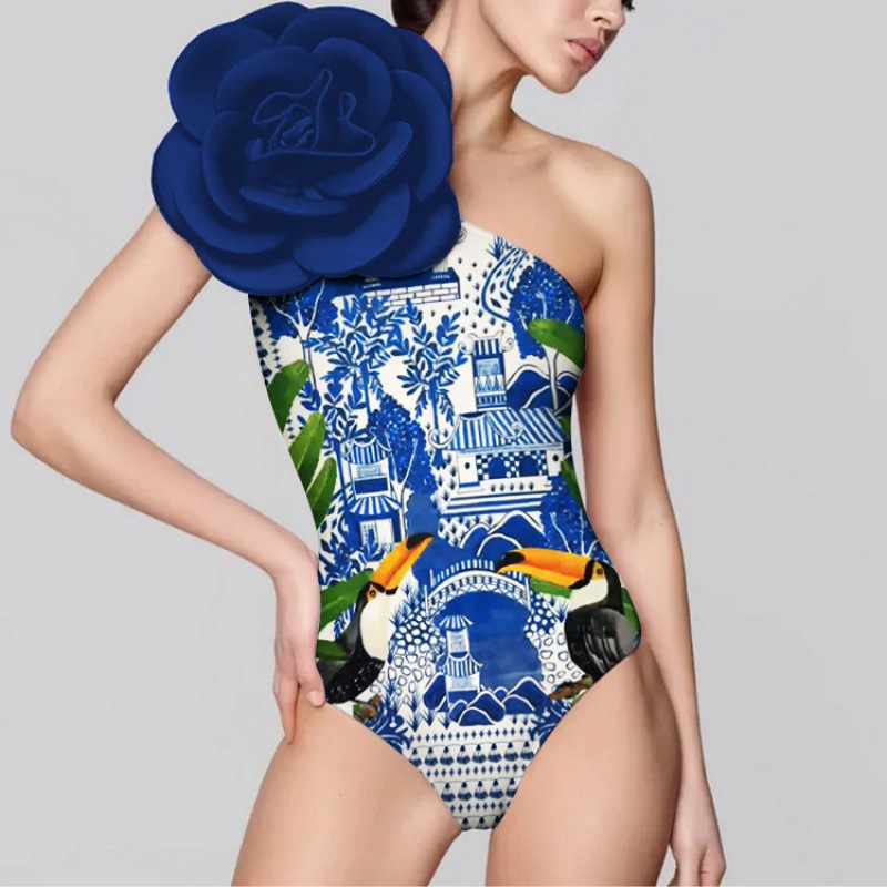 Picture of 2024 Amazon AliExpress one-piece swimsuit 3D big flower decoration sexy Peco Peco print swimsuit suit women