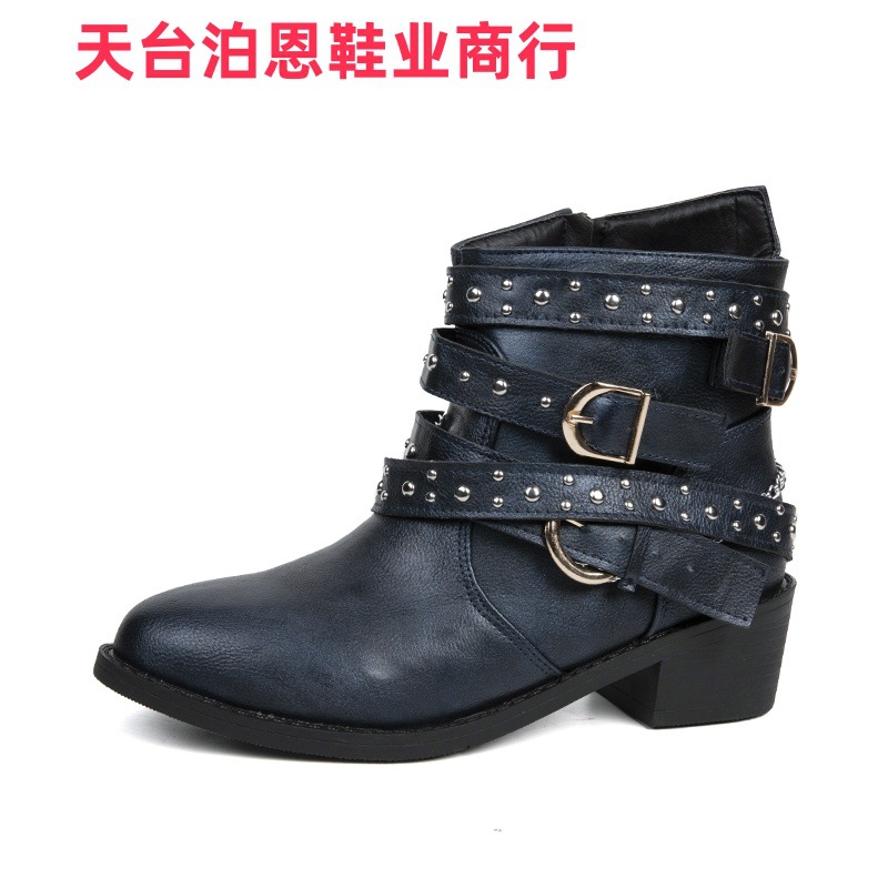 Picture of Cross-border foreign trade in-stock 2025 side zipper round toe double chain square heel PU European and American women's ankle boots autumn and winter new ankle-length boots
