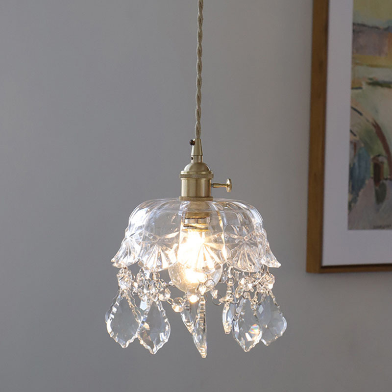 Nordic Simple Brass Glass Carved Vintage Small Chandelier Home Restaurant Bar Bedroom Bedside Single Head Lamps