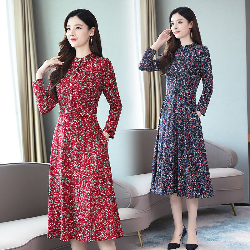 [Ready Stock] 2025 Spring and Autumn New Long Sleeve Dress Floral Slightly Elastic Soft Waist Covering Belly Temperament Long Dress