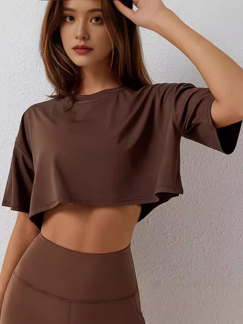 Cross-border foreign trade Europe and the United States summer new solid color round neck Amazon leisure sports short crop top T-shirt women
