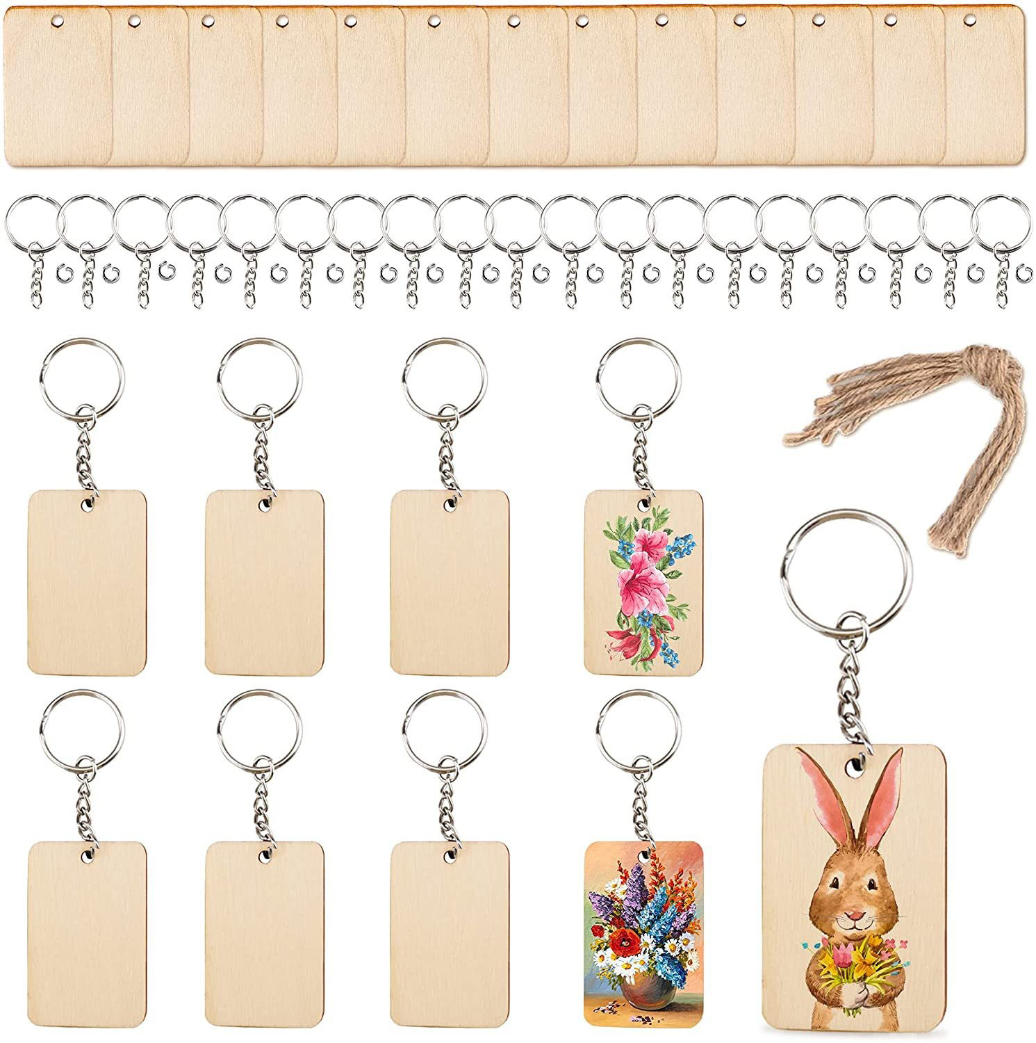 New Amazon cross-border DIY tassel rectangular wood board key chain Embryo couple pendant pendant keychain set