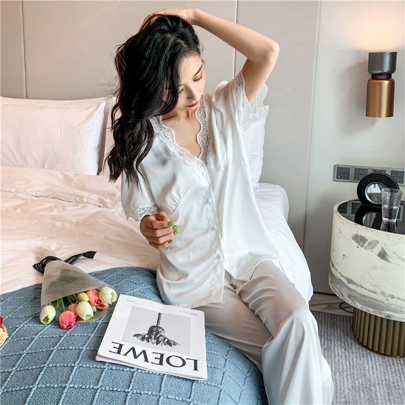 A generation of spring and summer women's ice silk pajamas short sleeved long pants suit lace bubble sleeve women's live supply