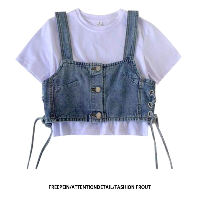 Hot girl Denim small camisole women's inner sexy breasted strap slim fit stacked design short top women