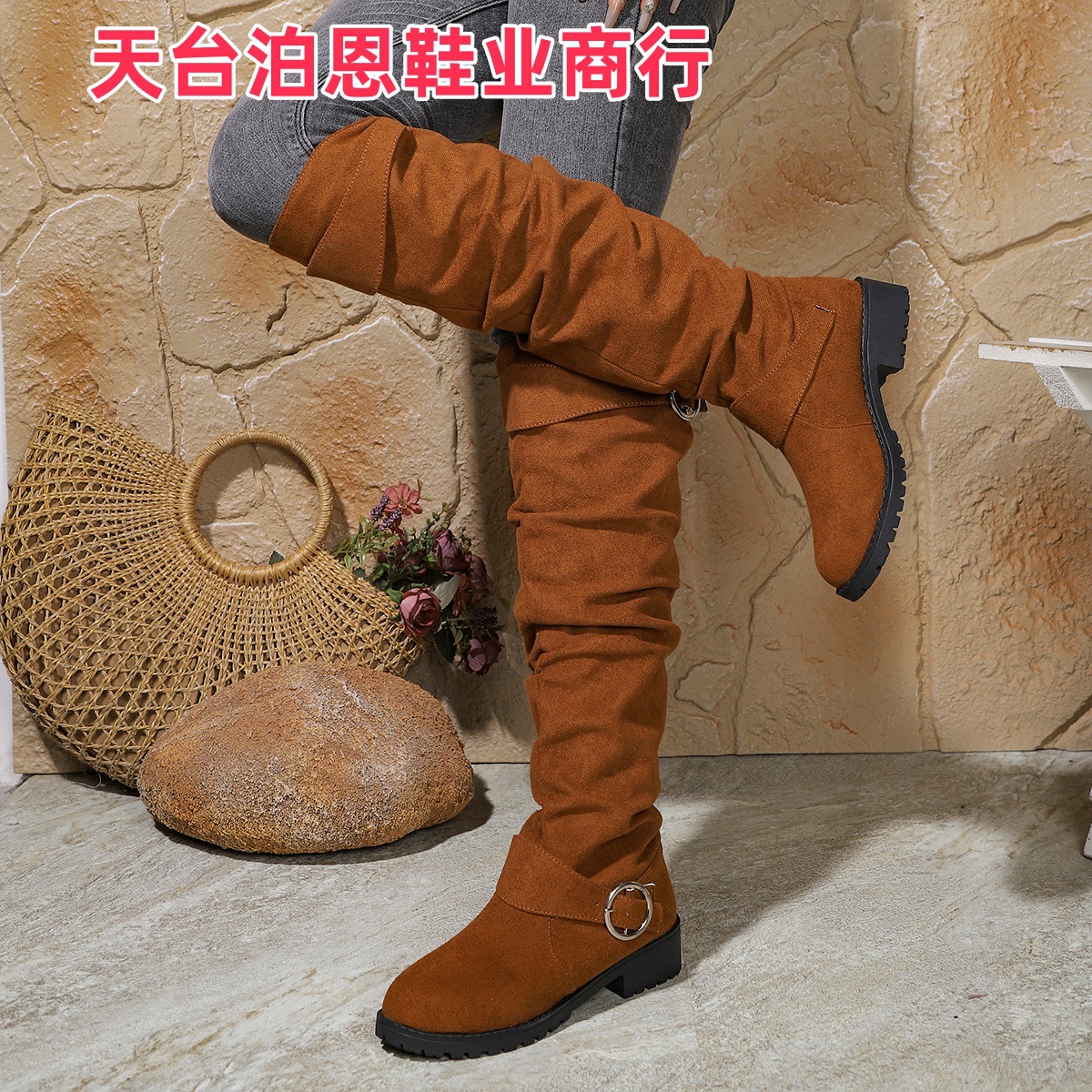 Picture of 2025 Foreign Trade European and American Fashion Autumn/Winter New In-Stock Low Heel Pleated Women's Leather Boots, Western Denim Mid-Calf Women's Boots