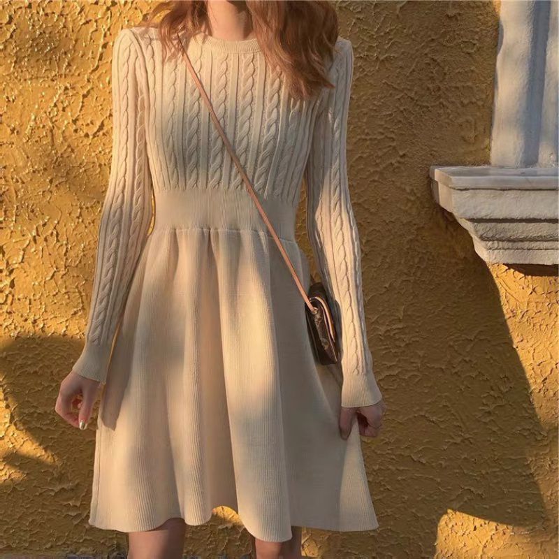 Inner bottoming knitted dress 2203 autumn and winter New French waist slimming mid-length with overcoat sweater dress