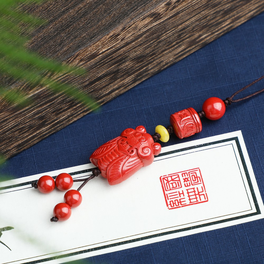 Natural Raw Mineral Imperial Sand Cinnabar Mobile Phone Lanyard Scattering in the Year of Birth Transfer Beads Golden Cicada Chain Pendant