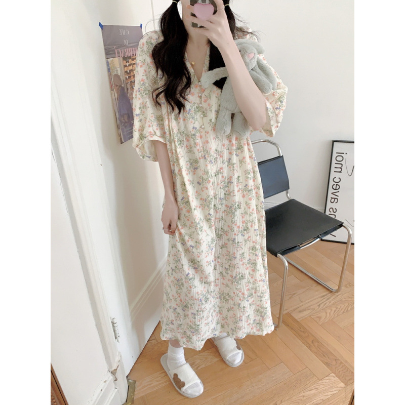 Actual Shot of 2025 Summer New Korean Style Ins Floral Cotton Nightgown Double-Layer Yarn Cut Out Lace Short-Sleeved Home Wear Nightgown