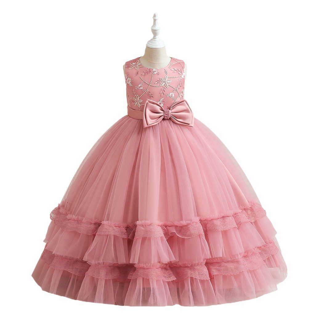 Amazon Cross Border Children's Dress Dress Girl's Bow Wedding Dress Embroidered Mesh Princess Ponte Dress