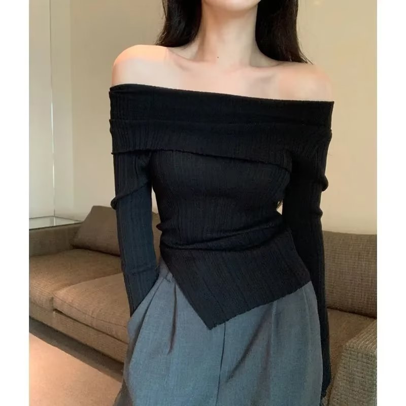 French style off-shoulder split sweater women's spring sexy irregular slimming top long sleeve bottoming shirt fashion