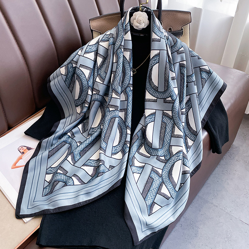 European and American Spring and Autumn New Square Large Square Scarf Women's Letter Scarf Imitation Silk Long Shawl Scarf Scarf Hair Belt Women