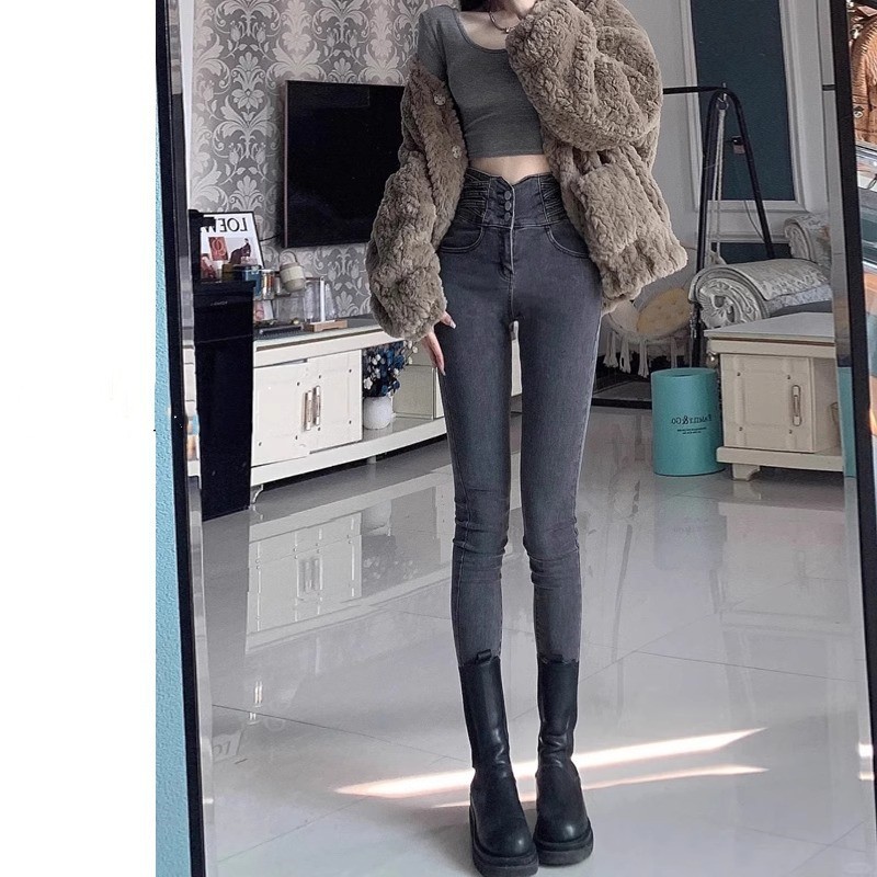 Grey Skinny Jeans Women's Trendy All-match Spring High Waist Slimming Stretch Tight Slim-fit Hip-lift Pencil Pants