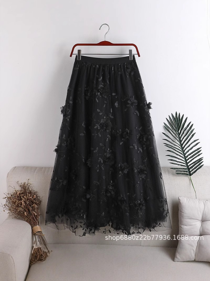 Spring 2025 New High Waist Slimming Double-Layer Mesh Large Swing A- Line Skirt Three-Dimensional Embroidered Flower Mid-Length Skirt