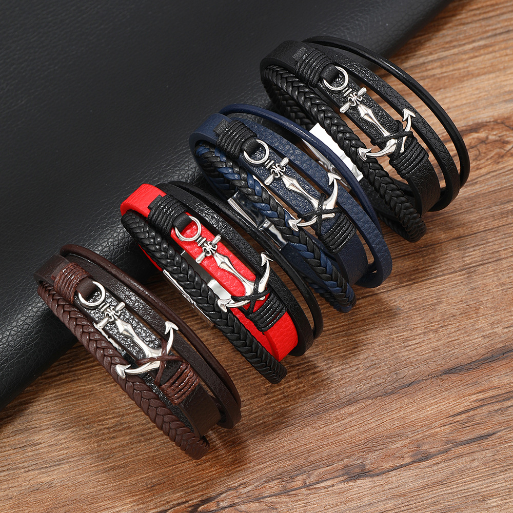 Cross-Border New Products European and American Retro Style Various Ready-Made Anchor Zinc Alloy Multi-Layer Hand-Woven Men's Leather Bracelets