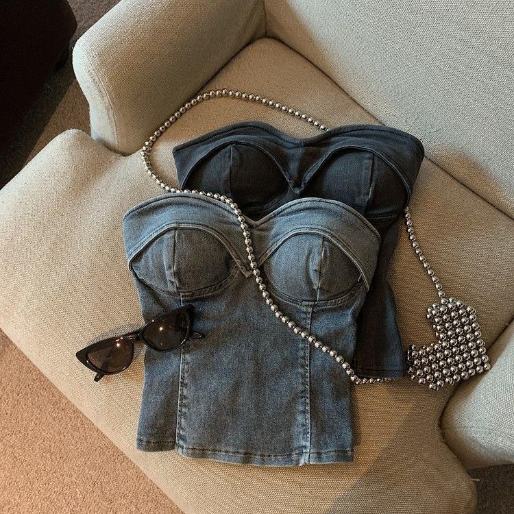 Picture of Fashion hot girl retro color Denim tube top women's summer 2023 new sweet cool all-match off-shoulder navel short top