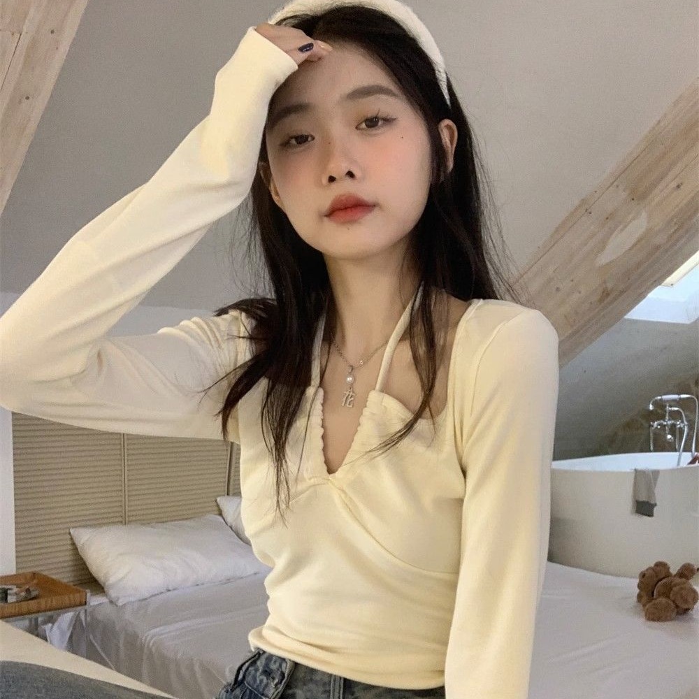 Double-Sided Velvet Pure V-Neck Long-Sleeved T-Shirt Women's Autumn Base Shirt High-Feeling Slim-Fit Short Hot Girls' Top with Neck
