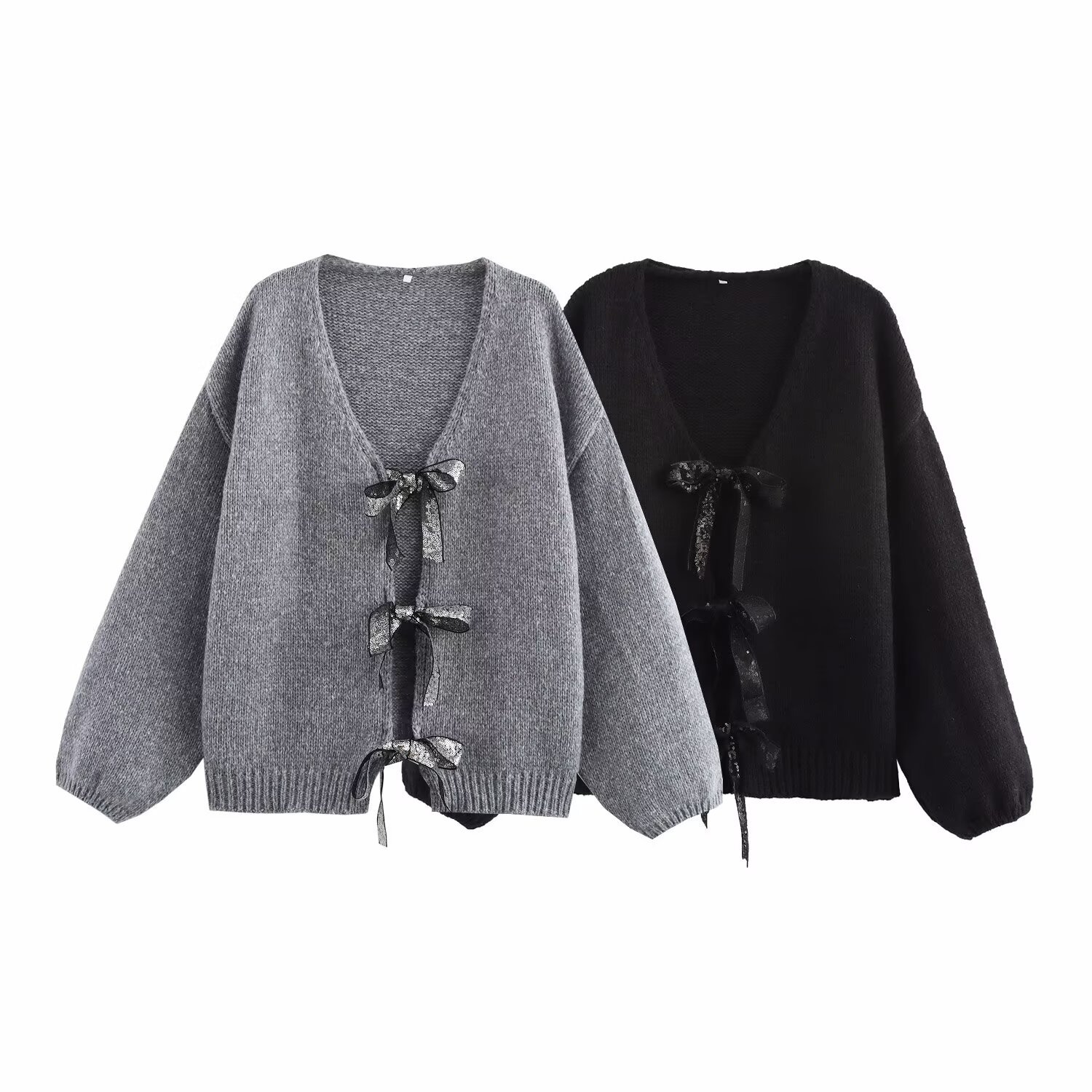 ZA Cross-border Women's Clothing Wholesale European and American Style Sequin Bow Lace Loose Soft Waxy Casual Knitted Cardigan Jacket