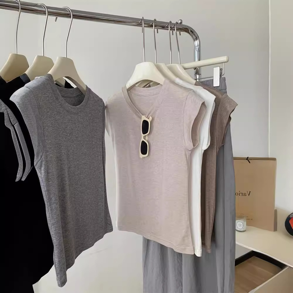 2024 Summer Thin Simple Atmospheric Flying Sleeve T-shirt Women's Short Sleeve Slimming All-match Shoulder Short Sleeveless Top