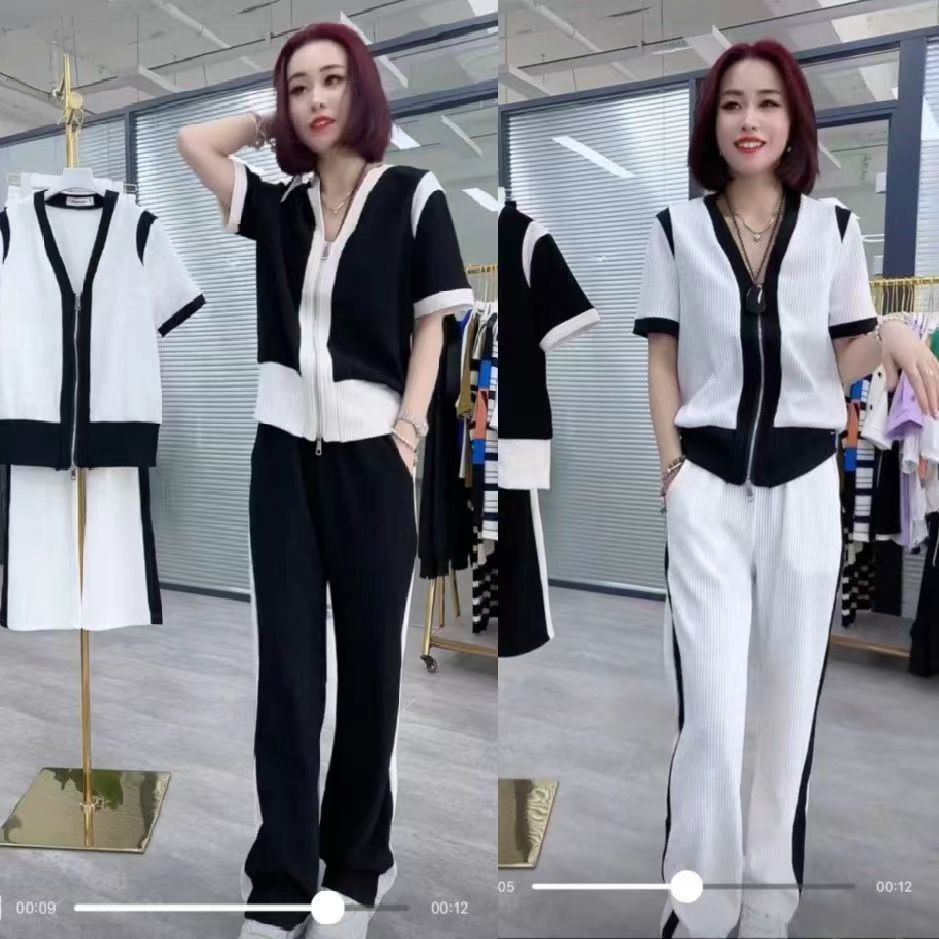 Summer New Ice Silk Suit Contrast Color Double Zipper Short Sleeve All-match Simple Front Shoulder V-Neck + Wide Leg Pants Set