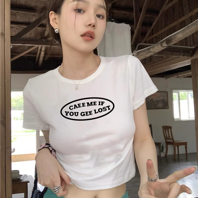 American retro short-sleeved T-shirt for women 2024 Summer new design hot girl navel slim-fit short student top