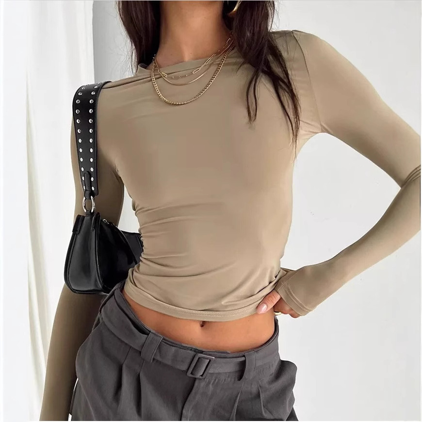 European and American women's casual long-sleeved T-shirt spring and autumn solid color slim pullover T-shirt female street wear bottoming shirt top DF95