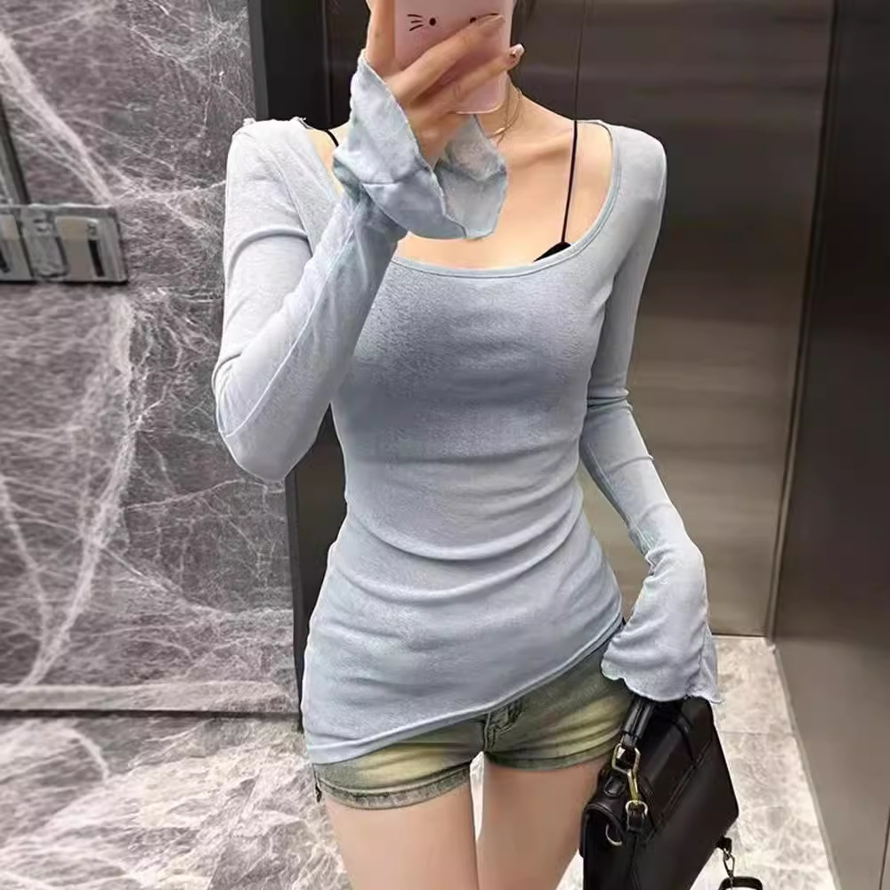 Pure Desire Hot Girl Sexy Stacked T-shirt Women's Summer Thin Slim-fit Irregular Sun-screen Shirt Beautiful Back suit