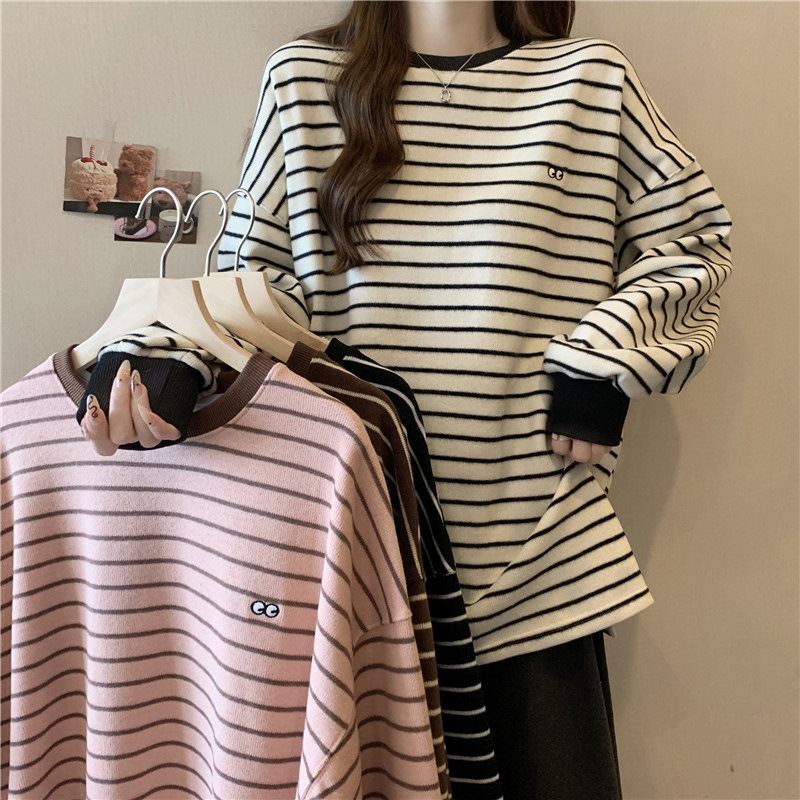 Cross-border Foreign Trade European and American Striped Split Long-sleeved T-shirt Women's German Velvet Autumn and Winter Loose Mid-length Embroidered Base Shirt
