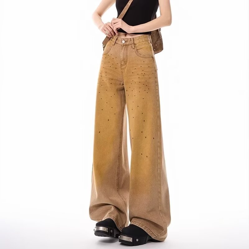 Rivet Jeans Women's New Loose Slimming Vintage Old Washed Straight Leg Wide Leg Trousers