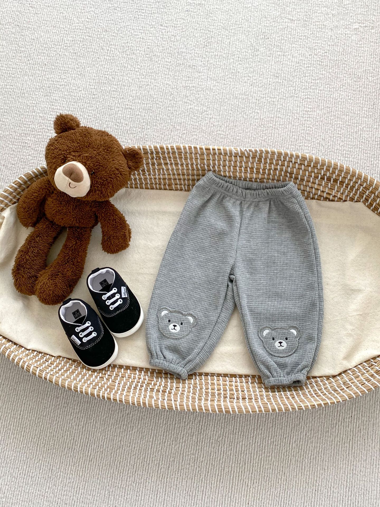 Picture of 2024 Spring Children's pants cute bear waffle pants thin outer wear baby baby casual ankle-tied pants
