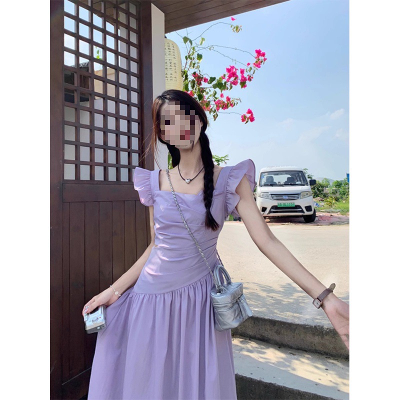 First Love Style Purple Flying Sleeve Dress Women's Summer New Tight Waist Hollow Salt Sweet Long Dress Trendy